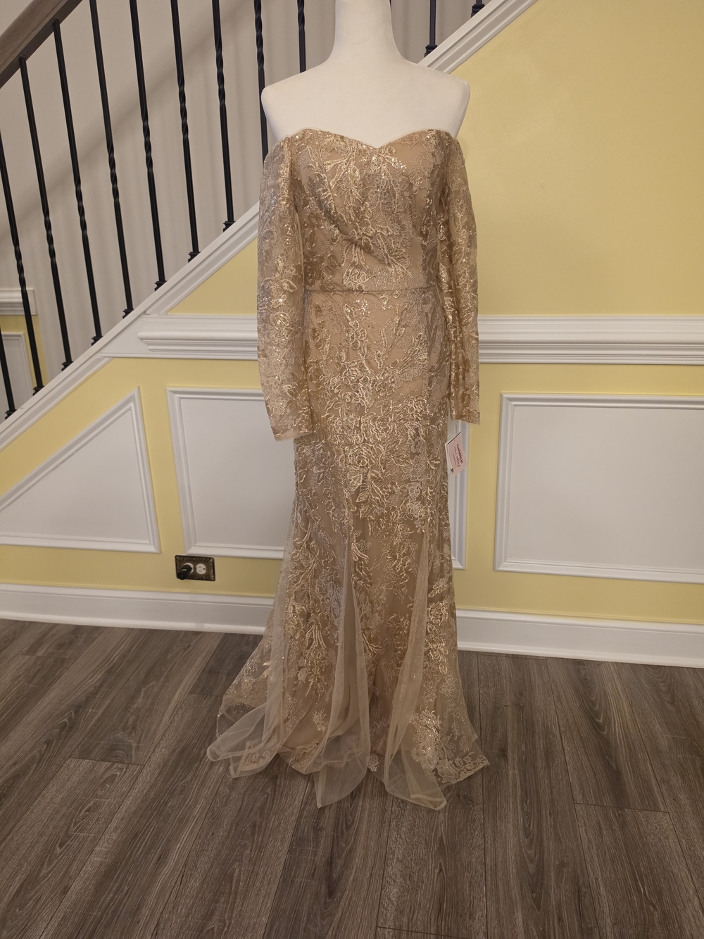 Oleg Cassini Gold Off-Shoulder Lace Evening Gown